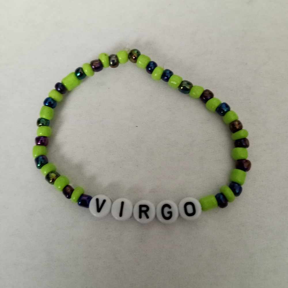 Hand crafted Virgo lime green beaded stretch statement logo Bracelet